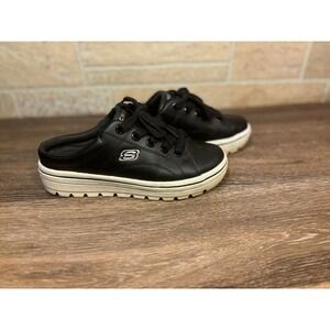 Skechers Black Leather, Memory‎ Foam Slip On Slide Sneakers Tie Shoes Sz 6.5
